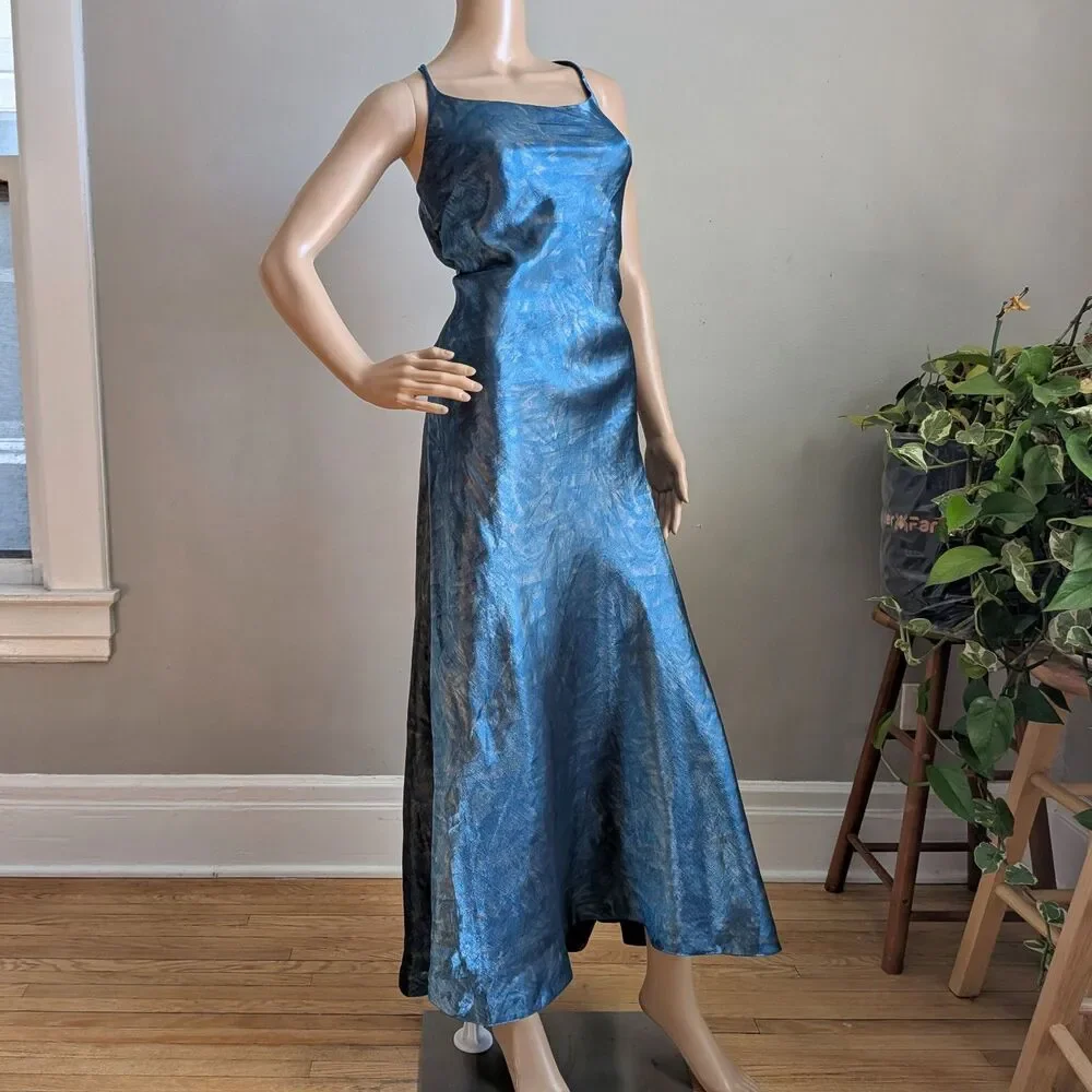 Vintage 90s Rue de la Paix Blue Prom Gown Slip Dress Maxi Strappy Size 9 - Picture 3 of 10